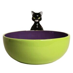 Halloween Black Cat Purple & Green Ceramic Candy Bowl By Harry & David VTG 2005